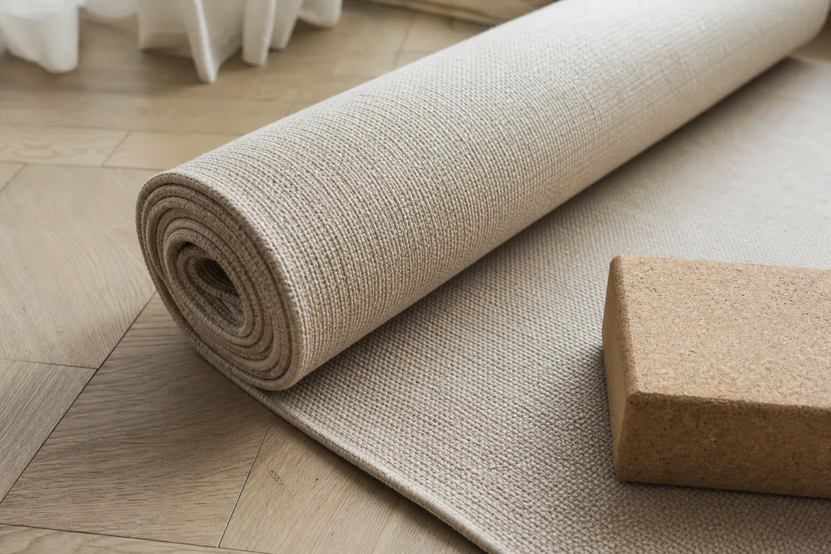 Tapis de yoga épais en coton naturel déroulé sur un parquet clair